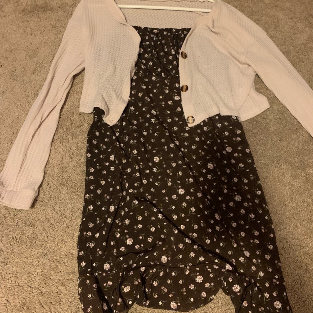 ROMWE dress and cardigan, size medium, dress is brown with flowers.